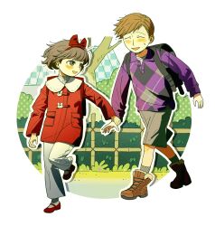  1boy 1girl absurdres backpack bag black_bag brown_eyes brown_hair chaojufei closed_eyes collared_shirt commentary_request grabbing_another's_arm highres original shirt sweatdrop tree 