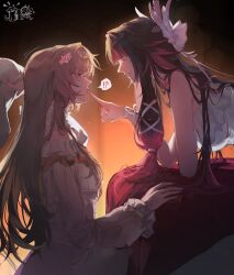  !? 2girls anger_vein bare_arms black_hair blue_eyes brown_hair columbina_(genshin_impact) commentary dress finger_to_another's_mouth genshin_impact head_wings highres holding holding_pillow long_hair multicolored_hair multiple_girls nutthanunkhomk1 pillow purple_streaks sandrone_(genshin_impact) spoken_interrobang streaked_hair white_dress wings yuri 