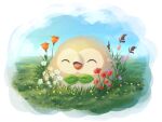  ^_^ bird closed_eyes clouds commentary_request day flechuzita flower grass highres no_humans open_mouth orange_flower outdoors pokemon pokemon_(creature) rowlet sky solo white_flower 