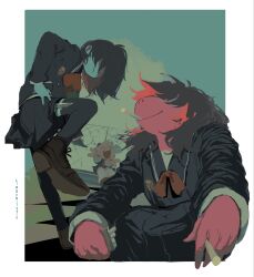  >_< 1boy 1girl 1other artist_name black_hair black_sailor_collar black_shirt black_skirt black_socks blue_skin boots border brown_shoes chalk clouds cloudy_sky colored_shadow colored_skin commentary deltarune double_v english_commentary expressionless feet_out_of_frame fence floating_hair from_below from_side full_body furry furry_female furry_male goat_horns hair_over_eyes hand_on_own_hip highres horns inset_border kneehighs knife kris_(dark_world)_(deltarune) kris_(deltarune) layered_clothes leg_up leg_warmers limbomitosis long_hair long_sleeves muted_colors on_bench on_rooftop outside_border outstretched_arms pleated_skirt purple_skin ralsei red-framed_eyewear red_ribbon ribbon rooftop sailor_collar school school_uniform shadow shirt shoes short_hair signature sitting skirt sky sleeve_cuffs smile socks squatting standing standing_on_one_leg susie_(dark_world)_(deltarune) susie_(deltarune) twitter_username under_skirt utdr_(toby_fox) v white_border white_leg_warmers 