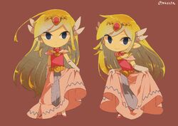 1girl artist_name belt blonde_hair blue_eyes blush curtsey dress floating_hair full_body gloves jewelry long_dress long_hair multicolored_hair multiple_persona necklace parted_lips pink_dress princess_zelda skirt_hold the_legend_of_zelda the_legend_of_zelda:_spirit_tracks the_legend_of_zelda:_the_wind_waker tokuura