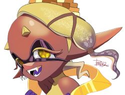  1girl :d asymmetrical_hair bare_shoulders blonde_hair colored_eyelashes colored_skin colored_tongue cross-shaped_pupils dark-skinned_female dark_skin domino_mask earrings eye_mask eyelashes fangs food food-themed_hair_ornament food_on_head forehead frye_(splatoon) gradient_hair hagoromo hair_ornament isamu-ki_(yuuki) jewelry long_pointy_ears looking_at_viewer mask multicolored_hair multicolored_skin multiple_earrings object_on_head open_mouth pointy_ears poncho purple_hair purple_skin purple_tongue shawl shirt short_eyebrows simple_background sleeveless sleeveless_turtleneck smile solo splatoon_(series) splatoon_3 star-shaped_pupils star_(symbol) symbol-shaped_pupils teeth tempura tentacle_hair turtleneck two-tone_hair very_dark_skin white_background yellow_eyes yellow_shirt 