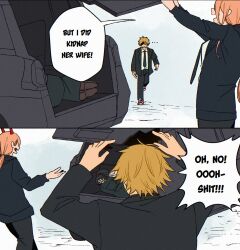  1boy 2girls black_dress black_hair black_necktie blonde_hair bound bound_arms car chainsaw_man cloth_gag commentary crosshair_pupils demon demon_horns denji_(chainsaw_man) dress english_commentary eyepatch gag gagged grand_theft_auto grand_theft_auto_v hair_over_eyes highres horns improvised_gag motor_vehicle multiple_girls necktie opening_door over_the_mouth_gag pingtsi_(chainsaw_man) power_(chainsaw_man) red_horns rinneko_art rope scene_reference shirt speech_bubble sports_utility_vehicle white_shirt yellow_eyes 