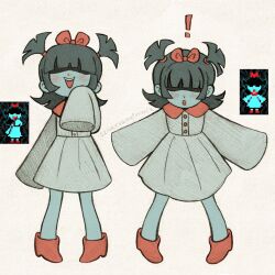  1girl :o aqua_(deltarune) aqua_skin black_hair blunt_bangs blush bow child colored_skin commentary deltarune derivative_work dress english_commentary hair_bow hair_over_eyes highres open_mouth red_bow sleeves_past_fingers sleeves_past_wrists smile sprite_redraw szivarvanyturmix02 two_side_up utdr_(toby_fox) 