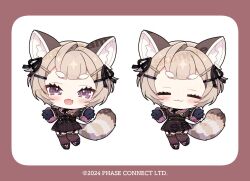  1girl 2024 :3 :d ahoge animal_ear_fluff aqua_bow black_choker black_gloves black_ribbon black_shoes black_thighhighs blonde_hair border bow bow_choker brooch brown_border brown_dress buttons chain choker closed_eyes closed_mouth coat_dress commentary_request copyright_logo copyright_notice double-breasted double-parted_bangs dress fangs footwear_bow frilled_dress frills garter_straps gloves hair_ornament hair_ribbon hairclip hug_invitation jewelry komachi_panko komachi_panko_(pankfather) logo long_sleeves looking_at_viewer merchandise_available multiple_views official_art phase_connect pink_bow pink_eyes pinstripe_dress pinstripe_pattern red_panda_ears red_panda_girl red_panda_tail ribbon sample_watermark shinoda_mame shoes short_eyebrows short_hair simple_background skin_fangs sleeve_ribbon smile solo standing thigh-highs watermark white_background 