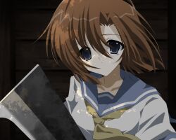  1girl 2000s_(style) black_background blue_eyes blue_sailor_collar brown_hair frown highres higurashi_no_naku_koro_ni looking_at_viewer muted_colors nata_(tool) neckerchief ryuuguu_rena sailor_collar shirt short_hair short_sleeves simple_background solo takanashi_(takanya_shi) upper_body white_shirt yellow_neckerchief 