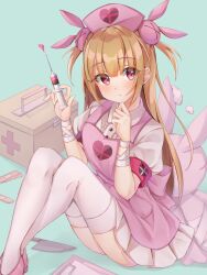  1girl absurdres aqua_background back_bow bandaged_wrist bandages bandaid blonde_hair blunt_bangs bow buttons center_frills clipboard closed_mouth collared_shirt commentary_request cross cross_print crossed_ankles dot_nose dress expressionless eyes_visible_through_hair first_aid_kit frilled_dress frills full_body hair_ornament hand_on_own_chin hat heart heart_print highres holding holding_syringe knees knees_up knife light_blush light_frown long_hair natori_sana natori_sana_(nurse) nurse nurse_cap pinafore_dress pink_bow pink_dress pink_hat pink_shoes poe_(528yuzunon) print_dress puffy_short_sleeves puffy_sleeves rabbit_hair_ornament red_eyes sana_channel shadow shirt shoes short_sleeves simple_background sleeveless sleeveless_dress solo stuffed_animal stuffed_rabbit stuffed_toy stuffing syringe thigh-highs two_side_up very_long_hair virtual_youtuber white_shirt white_thighhighs 