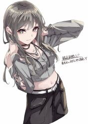  1girl artist_collaboration bang_dream! bang_dream!_our_notes belt black_pants breasts commentary_request grey_hair grey_jacket hands_up highres jacket jewelry kanade_(kanade_3344) kotohira_nagi long_hair long_sleeves medium_breasts midriff navel necklace nuruponnu off_shoulder pants sidelocks simple_background solo translation_request white_background white_belt 