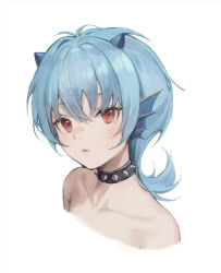  1girl bare_shoulders black_choker blue_hair choker closed_mouth commentary cropped_shoulders douya_(233) fins fish_girl head_fins horns light_blush looking_at_viewer medium_hair mermaid_melody_pichi_pichi_pitch mimi_(mermaid_melody_pichi_pichi_pitch) red_eyes simple_background solo spiked_choker spikes untranslatable_commentary white_background 