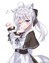 1girl absurdres ahoge animal_ear_fluff animal_ears apron bell black_capelet blush capelet cat_ears cat_girl center_frills collared_shirt commentary_request elaina_(majo_no_tabitabi) frilled_hairband frills hairband highres k2_(kazu1030) long_hair looking_at_viewer maid maid_apron maid_day maid_headdress majo_no_tabitabi neck_bell one_eye_closed open_mouth ponytail shirt smile solo sweat upper_body violet_eyes white_apron white_background white_hair white_headdress white_shirt 