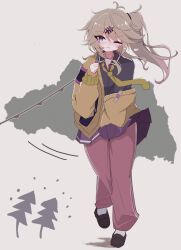  1girl alternate_eye_color bandaid bi_(bi_trip_machine) black_shirt black_shoes blush brown_hair cardigan closed_mouth collared_shirt commentary_request full_body highres kasukabe_tsumugi loafers long_hair long_sleeves looking_at_viewer miniskirt mole mole_under_eye necktie one_eye_closed one_side_up open_cardigan open_clothes pants pants_under_skirt purple_pants purple_skirt shirt shoes skirt smile socks solo track_pants tree violet_eyes voicevox white_background white_socks wind wind_lift yellow_necktie 