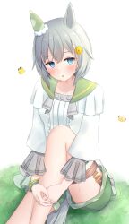  1girl animal_ears blue_eyes blush brown_choker bug butterfly ceresia8327 choker commentary_request ear_covers flower green_sailor_collar green_shorts grey_hair hair_between_eyes hair_flower hair_ornament hairclip highres horse_ears horse_girl horse_tail long_sleeves looking_at_viewer open_mouth sailor_collar seiun_sky_(reeling_in_the_big_one)_(umamusume) seiun_sky_(umamusume) shirt short_hair shorts single_ear_cover sitting solo sunflower sunflower_hair_ornament tail thigh_strap umamusume 