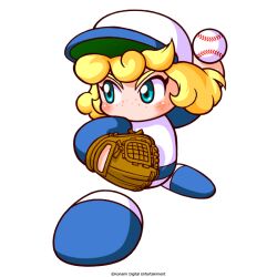  1girl anne_anjou_aznable aqua_eyes arm_up artist_request baseball_cap baseball_mitt baseball_uniform blonde_hair blue_shirt blue_shoes blush commentary_request copyright_notice freckles hat jikkyou_powerful_pro_yakyuu jikkyou_powerful_pro_yakyuu_(style) multicolored_shirt multicolored_shoes no_mouth official_art pitching playing_sports power_pro_appli rayman_limbs shirt shoes solo sportswear two-tone_shoes white_background white_hat white_shirt white_shoes 