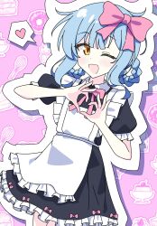  1girl :d ;d absurdres alternate_costume apron blue_hair bow bowtie braid braided_hair_rings contrast_collar cowboy_shot dress frilled_apron frilled_dress frills hair_bow hair_rings heart heart_hands highres lee0fld looking_at_viewer mahou_shoujo_no_majo_saiban maid one_eye_closed open_mouth outline pink_background pink_bow pink_bowtie short_hair smile solo spoken_heart tachibana_sherry white_outline yellow_eyes 