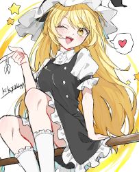  1girl blonde_hair blush buttons commentary_request double-breasted dress frills hat heart highres kikyou_(kikyou_3115) kirisame_marisa long_hair looking_at_viewer one_eye_closed open_mouth puffy_sleeves short_sleeves simple_background sitting smile solo spoken_heart touhou yellow_eyes 