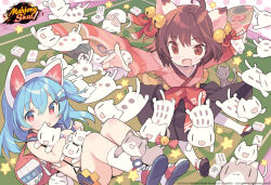  2girls :d ahoge animal animal_ears bag bead_bracelet beads bell blade_(galaxist) blue_hair blue_sailor_collar blue_shorts bow bracelet brown_hair brown_skirt cat cat_ears cat_girl choker commentary company_name copyright_logo copyright_name copyright_notice deformed duffel_bag english_commentary fake_animal_ears fang fish_hair_ornament floating_hair hair_bell hair_between_eyes hair_ornament hair_ribbon hairclip half_updo hands_up highres holding holding_animal holding_cat ichihime igarashi_haruna japanese_clothes jewelry jingle_bell kimono kneehighs lace-trimmed_choker lace-trimmed_sleeves lace_trim logo long_hair long_sleeves looking_ahead looking_at_another looking_at_viewer mahjong_soul mahjong_tile multicolored_eyes multiple_girls obi official_art pink_kimono ponytail print_kimono red_bow red_choker red_eyes red_ribbon red_sash ribbon sailor_collar sandals sash second-party_source shirt short_hair short_shorts shorts skin_fang skirt sleeveless sleeveless_shirt smile socks tabi too_many too_many_cats two-tone_eyes waist_bow white_cat white_sleeves white_socks zouri 
