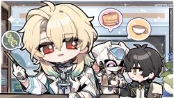  1girl 2boys absurdres artist_name black_hair black_jacket blonde_hair chibi chibi_only gloves highres holding holding_scalpel humanoid_robot jacket kyou_039 long_hair luuk_herssen_(wuthering_waves) male_rover_(perpetual_spark)_(wuthering_waves) male_rover_(wuthering_waves) multiple_boys n.a.n.a._(wuthering_waves) parted_lips pouring red_eyes robot rover_(wuthering_waves) scalpel smile spoken_food star-shaped_pupils star_(symbol) symbol-shaped_pupils white_gloves wuthering_waves yellow_eyes 