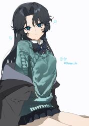  1girl :< absurdres aqua_sweater artist_name black_bow black_bowtie black_hair black_jacket black_skirt blue_eyes blue_pupils bow bowtie breasts bright_pupils butterfly-shaped_pupils closed_mouth collared_shirt commentary curtained_hair dot_nose highres jacket jacket_partially_removed long_hair looking_at_viewer miniskirt original parted_bangs pleated_skirt shimiya_jin shirt simple_background sitting skirt small_breasts solo split_mouth sweater symbol-shaped_pupils twitter_username white_background white_shirt 
