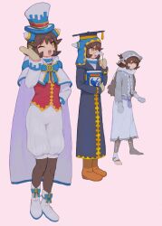  1girl blush_stickers bow bowtie brown_hair commentary_request happy hat highres humanization kanafumi_(spindle) kirby's_return_to_dream_land_deluxe kirby_(series) looking_at_viewer magolor magolor_epilogue multiple_persona open_mouth shirt short_hair simple_background smile white_background 