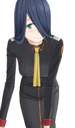  1girl aqua_eyes black_dress blue_hair blush breasts cassandra_ilion closed_mouth collared_dress commentary danmachi_battle_chronicle dress dungeon_ni_deai_wo_motomeru_no_wa_machigatteiru_darou_ka easy_(aqk7bdqt) hair_over_one_eye large_breasts long_hair long_sleeves looking_at_viewer necktie smile solo straight_hair white_background yellow_necktie 