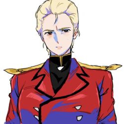  1girl blonde_hair blue_eyes breasts buttons char's_counterattack char_aznable double-breasted epaulettes facing_viewer genderswap genderswap_(mtf) gundam high_collar jacket large_breasts loose_hair_strand military_uniform mullet r_lrg0524 red_jacket short_hair solo upper_body white_background 