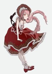  absurdres anime_coloring back_bow bare_arms bare_shoulders black_bow blunt_bangs bow braid brown_eyes brown_hat buckle chinese_commentary collarbone commentary_request crown_braid dress floating_clothes floating_hair frilled_dress frilled_socks frills grey_background hair_bow hat heart heart_print highres holding_own_dress infinity_nikki leaning_forward long_hair mary_janes medium_dress nikki_(nikki) nikki_(series) peigen_bacon pink_hair plaid_bow pleated_dress print_socks red_bow red_dress red_shoes ringlets shoes simple_background sleeveless sleeveless_dress socks straw_hat striped_clothes striped_socks sundress vertical-striped_clothes vertical-striped_socks very_long_hair whimsical_picnic_(infinity_nikki) white_bow white_socks 