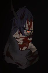 1boy arknights black_background black_hair blood blood_in_hair blood_on_clothes blood_on_face commentary_request dark demon_boy demon_horns dry-er flamebringer_(arknights) hood hood_up horns looking_at_viewer male_focus orange_eyes parted_lips portrait simple_background solo 