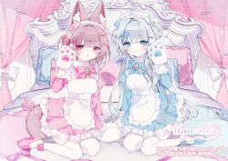  2girls :d absurdres ahoge animal_ear_fluff animal_ears animal_hands apron artist_name bed bell blue_bow blue_bowtie blue_dress blue_eyes blue_hair blue_shoes blunt_bangs blush bow bowtie breasts brown_hair closed_mouth commentary_request commission curtains dog_ears dog_girl dog_tail dot_nose dress frilled_apron frilled_dress frills full_body gloves hair_bow hair_intakes hair_ornament hairband hairclip hand_up highres jingle_bell juliet_sleeves long_hair long_sleeves looking_at_viewer medium_breasts multiple_girls neck_bell on_bed open_mouth original paw_gloves pillow pink_bow pink_bowtie pink_dress pink_shoes puffy_sleeves red_eyes satou_uyu shoes short_hair signature sitting smile tail thigh-highs twitter_username white_apron white_gloves white_hairband white_thighhighs 