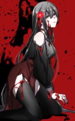  1girl bare_shoulders black_collar black_hair black_shirt black_thighhighs blood blood_on_clothes blood_on_face blood_on_hand camellia clothing_cutout collar commentary_request fingernails flower garter_straps grey_eyes hair_between_eyes highres kayoi kneeling leg_ribbon leg_tattoo long_fingernails long_hair original red_background red_ribbon red_rope red_skirt ribbon rope shirt shoulder_cutout side_slit skirt tattoo thigh-highs thigh_ribbon 