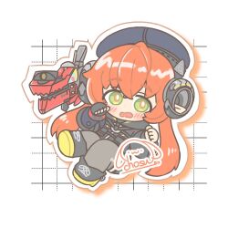  1girl 1other artist_name black_hat black_horns blush chibi commentary_request curled_horns dragon_girl dragon_horns fingerless_gloves full_body gloves green_eyes hair_between_eyes hat horns lilychosu long_hair looking_at_viewer magus_(zenless_zone_zero) mechanical_horns mechanical_tail open_mouth orange_hair orphie_magnusson pointy_ears signature tail thigh-highs twintails zenless_zone_zero 