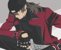  1boy aragaki_shinjirou beanie belt black_belt black_coat black_hat black_pants black_shirt c00w6 closed_mouth coat evoker gun hair_between_eyes hat highres holding holding_gun holding_weapon lapels long_hair long_sleeves looking_at_viewer male_focus notched_lapels open_clothes open_coat pants parted_bangs persona persona_3 red_coat red_eyes sanpaku shirt sitting solo two-sided_coat two-sided_fabric weapon wrist_belt 