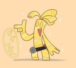  belt black_belt colored_sclera commentary_request full_body gholdengo gold_skin highres metal_skin open_mouth orange_background pointing pokemon pokemon_(creature) pokemon_focus redny simple_background smile solo sparkle speech_bubble standing toon_(style) translation_request yellow_eyes yellow_sclera 
