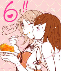 2girls aglio anniversary bare_arms bare_shoulders behind_another black_ribbon blush brown_hair cake cake_slice closed_eyes closed_mouth clothing_cutout commentary_request eating fatal_frame fatal_frame:_maiden_of_black_water food food_on_face fork from_side hand_on_another's_shoulder hand_up hands_up heart hinasaki_miu holding holding_fork holding_plate kiss kissing_cheek kozukata_yuuri long_hair looking_ahead multiple_girls orange_shirt pink_background plate profile ribbon shirt shoulder_cutout sleeve_ribbon sleeveless sleeveless_shirt strapless strapless_shirt upper_body white_shirt yuri 
