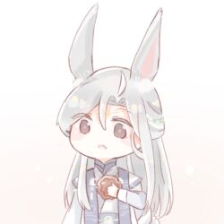  1boy animal_ears baishuo_(shining_nikki) beads blue_sash blush_stickers brown_eyes brown_pupils chibi chinese_clothes chinese_commentary circlet commentary_request crescent expressionless eyes_visible_through_hair food frown gradient_background grey_hair hair_beads hair_between_eyes hair_ornament hanfu high_collar holding holding_food interruption_(echo-023) layered_sleeves light_particles long_hair long_sleeves looking_ahead male_focus mandarin_collar mooncake nikki_(series) open_mouth purple_shawl rabbit_boy rabbit_ears rabbit_tail sash shawl shining_nikki short_over_long_sleeves short_sleeves solo straight_hair tail upper_body very_long_hair waist_sash white_background white_hanfu 