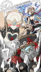  2p_ch_twokon anger_vein angry commentary_request fagio_(genshin_impact) genshin_impact headdress highres humanoid_robot light_blush mask official_art_inset pulonia_(genshin_impact) red_ribbon ribbon robot robot_boy robot_girl sandrone_(genshin_impact) selfie v white_mask 