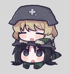  2girls black_eyes black_gloves black_hair blonde_hair blush brodie_helmet brown_shoes chibi chito_(shoujo_shuumatsu_ryokou) closed_eyes coat combat_helmet commentary_request full_body fur-trimmed_coat fur_trim gloves green_coat green_pants grey_background helmet highres korean_commentary low_twintails lying_on_another military_uniform multiple_girls open_mouth pants shoes shoujo_shuumatsu_ryokou simple_background twintails yeolomang yuuri_(shoujo_shuumatsu_ryokou) 