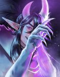 1boy benur black_hair blue_eyeshadow claws colored_skin crescent eyeshadow glowing grey_skin highres horns league_of_legends long_hair looking_at_viewer makeup male_focus open_mouth pointy_ears ponytail purple_horns solo spirit_blossom_(league_of_legends) spirit_blossom_thresh teeth thresh_(league_of_legends) torn torn_clothes upper_body upper_teeth violet_eyes 