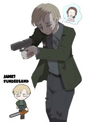  1boy 1girl 2025 aiming blonde_hair blood blood_on_clothes blood_on_face blood_on_hand chainsaw chibi commentary_request green_jacket gun handgun holding holding_gun holding_weapon husband_and_wife jacket james_sunderland kuso_500t mary_shepherd-sunderland open_mouth silent_hill_(series) silent_hill_2 simple_background smile weapon white_background 
