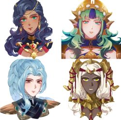  4girls absurdres armor blonde_hair blue_hair braid braided_ponytail brown_eyes close-up closed_mouth clothing_cutout commentary commentary_request crescent crescent_earrings cropped_torso dark-skinned_female dark_skin earrings expressionless fake_horns fire_emblem fire_emblem:_fortune's_weave gauntlets gold_armor gold_choker gold_earrings gold_necklace green_eyes green_hair hair_ornament headpiece high_ponytail highres hoop_earrings horns irithyll8157351 jewelry leda_(fire_emblem) lips lipstick long_hair looking_at_viewer low-tied_long_hair makeup mole mole_under_mouth multiple_girls necklace open_mouth ornate_armor pointy_ears ponytail portrait shade shoulder_armor simple_background smile sothis_(adult)_(fire_emblem) sothis_(fire_emblem) tassel tassel_hair_ornament theodora_(fire_emblem) tiara upper_body ursula_(fire_emblem:_fortune's_weave) very_dark_skin wavy_hair white_background white_lips 