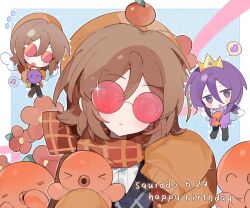  1boy 1girl :o animification artist_request beanie birthday black_sweater_vest brown_hair cardigan chibi chibi_inset chinese_commentary commentary_request commission crown dated english_text flower happy_birthday hat highres humanization lifesteal_smp looking_at_viewer minecraft_youtube octopus open_cardigan open_clothes open_mouth orange_cardigan orange_eyes orange_hat orange_scarf purple_hair purple_sweater red-tinted_eyewear red_flower round_eyewear scarf second-party_source shirt short_hair sleeves_past_fingers sleeves_past_wrists smile solo_focus squiddo sunglasses sweater sweater_vest tinted_eyewear upper_body variant_set wemmbu white_shirt 