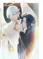  2boys artoirel_de_fortemps black_hair black_wings blue_eyes blue_hair brothers elezen elf fake_horns feathered_wings final_fantasy final_fantasy_xiv hair_ornament halo haurchefant_greystone highres horns long_hair looking_at_viewer madaizi male_focus multiple_boys open_mouth pointy_ears short_hair siblings simple_background smile white_wings wings 