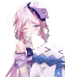  1girl absurdres biting blue_bow blue_bowtie blue_eyes blush bow bowtie citlali_(genshin_impact) citlali_(whispers_of_stars_and_smoke)_(genshin_impact) citlalin_(genshin_impact) collar detached_collar facial_mark genshin_impact half-closed_eye highres long_hair mask mask_on_head nightgown official_alternate_costume one_eye_closed pack252533 pillow_bite pink_hair pink_pupils purple_nightgown simple_background single_hair_intake sleep_mask sleepy solo triangle triangle_facial_mark upper_body white_background white_collar 