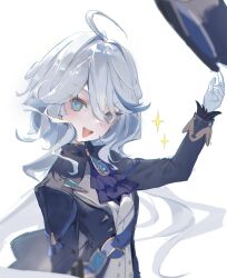  1girl absurdres ahoge ascot balancing_on_finger blue_ascot blue_eyes blue_gem blue_hat blue_jacket blue_pupils blue_streaks commentary drop-shaped_pupils furina_(genshin_impact) gem genshin_impact hat heterochromia highres jacket long_hair long_sleeves looking_at_viewer mismatched_pupils multicolored_hair open_mouth simple_background smile solo sparkle streaked_hair symbol-shaped_pupils top_hat unworn_hat unworn_headwear upper_body vest white_background white_hair white_vest xue_ni_guai 