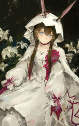  1girl amiya_(arknights) amiya_(medic)_(arknights) amiya_(medic)_(the_unbounded_folio)_(arknights) animal_ears arknights blood blood_in_hair blood_on_sleeves blue_eyes brown_hair chinese_commentary closed_mouth colored_extremities commentary_request dress ears_through_hood extra_ears flower hair_between_eyes highres hood hood_up kuto_(kuroto) long_sleeves looking_at_viewer rabbit_ears rabbit_girl red_hands solo white_dress white_flower 
