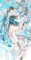  1girl absurdres ahoge bird black_boots black_dress black_hair blue_bird blue_eyes blue_hair boots breasts chinese_commentary closed_mouth colored_inner_hair commentary_request cui_suika dress feather_hair full_body highres jacket long_hair long_sleeves looking_at_viewer medium_breasts multicolored_hair outstretched_arm parted_bangs ripples smile solo tacet_mark_(wuthering_waves) water white_jacket wuthering_waves yangyang_(wuthering_waves) yangyang_(xuanling)_(wuthering_waves) 