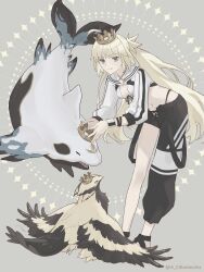 1girl aopix_001 artoria_caster_(fate) artoria_caster_(swimsuit_berserker)_(first_ascension)_(fate) artoria_pendragon_(fate) asymmetrical_clothes asymmetrical_pants bikini bikini_under_clothes bird black_pants blonde_hair breasts closed_mouth commentary_request crown ector_(orca)_(fate) fate/grand_order fate_(series) fish full_body green_eyes grey_background highres long_hair long_sleeves looking_at_viewer mach_(fate) medium_breasts pants shrug_(clothing) single_pantsleg small_breasts smile solo striped_clothes swimsuit twintails twitter_username white_bikini wings 
