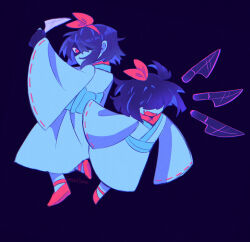  1girl 1other aqua_(deltarune) aqua_(deltarune)_(cosplay) aqua_kimono blue_background blue_hair cosplay deltarune hair_over_eyes height_difference highres holding holding_knife japanese_clothes kimono knife kris_(dark_world)_(deltarune) kris_(deltarune) red_eyes red_ribbon red_scarf red_shoes ribbon scarf shaded_face shoes simple_background tambersome utdr_(toby_fox) 