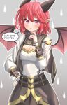  1girl ahoge blush breasts demon_girl guardian_tales hand_on_hip horns korean_text looking_at_viewer medium_breasts open_mouth pikandong pink_eyes pointy_ears red_wings redhead simple_background solo speech_bubble succubus_adventurer_yuze wings 