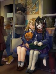  1boy 4girls animal_ears artist_logo artist_name bag black_hair black_pantyhose black_shoes black_skirt black_sweater blonde_hair blue_jacket blue_pants blurry blurry_background blush braid braided_ponytail brown_hair brown_shoes cat_ears cat_girl cat_tail cellphone closed_eyes closed_mouth collared_shirt commentary english_text eyelashes frown full_body furry furry_female furry_with_non-furry garfield_(character) green_bag grey_hair grey_shirt hair_between_eyes hair_ribbon half-closed_eyes hand_in_pocket highres holding holding_phone indoors interspecies jacket kmnsaur leaning_back logo long_hair long_sleeves medium_hair multiple_girls orange_bag original pants pantyhose phone plaid_clothes plaid_skirt pleated_skirt pointy_ears ponytail poster_(object) purple_pantyhose purple_skirt purple_vest red_jacket red_ribbon red_scarf red_skirt reflection ribbon russian_commentary scarf school_bag shirt shoes short_ponytail sidelocks sitting skirt sleeping smartphone smile snout socks standing sweater tail tail_raised train_interior vest white_shirt white_socks window yellow_shoes 