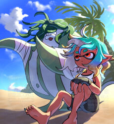  1boy 1girl barefoot beach big_man_(splatoon) big_man_(splatoon_raiders) black_gloves black_sports_bra blue_hair blue_sky clouds commentary fingerless_gloves gloves hand_on_own_knee highres inkling inkling_girl inkling_player_character mechanic_(splatoon_raiders) ovolo123 palm_tree pointy_ears red_eyes shorts sitting sky sleeveless splatoon_(series) splatoon_raiders sports_bra tank_top tree watermark white_tank_top 
